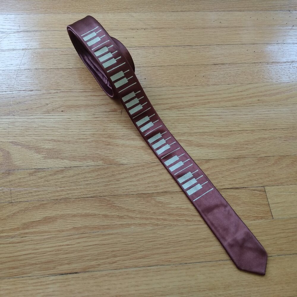 Vintage 70s Piano Skinny Tie Brown Novelty Necktie Silky Ska Punk Rockabilly